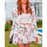 Floral Print Puff Sleeve Double Breasted Blazer Coat & Skirt Set - white