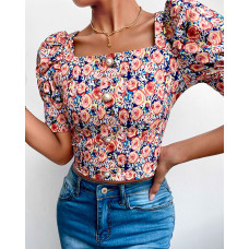 Floral Print Puff Sleeve Knotted Cutout Back Buttoned Top - orange