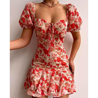 Floral Print Puff Sleeve Ruffle Hem Dress - red Floral Print Puff Sleeve Ruffle Hem Dress - red