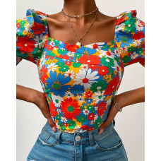 Floral Print Puff Sleeve Shirring Detail Top - Multicolor