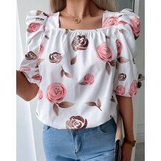 Floral Print Puff Sleeve Tie Back Blouse - white