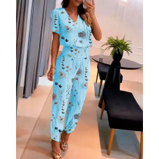 Floral Print Puff Sleeve Top & High Waist Cuffed Pants Set - blue