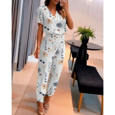 Floral Print Puff Sleeve Top & High Waist Cuffed Pants Set - white