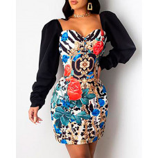 Floral Print Puffed Sleeve Dress - Multicolor