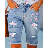 Floral Print Ripped Raw Hem Denim Bermuda Shorts - blue