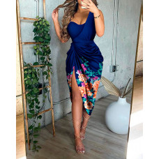 Floral Print Ruched High Slit Satin Dress - dark blue