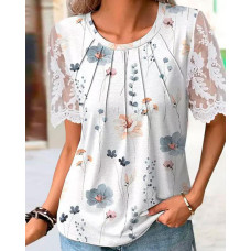 Floral Print Ruched Lace Patch Casual T-shirt - white