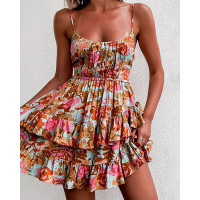 Floral Print Ruched Layered Ruffles Dress - brown