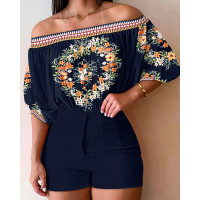 Floral Print Ruched Off Shoulder Top & Shorts Set - dark blue