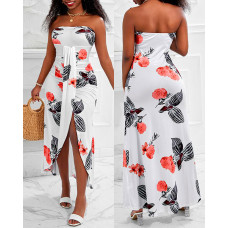 Floral Print Ruched Slit Bandeau Casual Dress - white