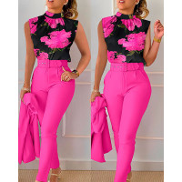 Floral Print Ruched Top & High Waist Pants Set With Belt - hot pink