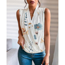 Floral Print Ruched V-Neck Sleeveless Wrap Top - white