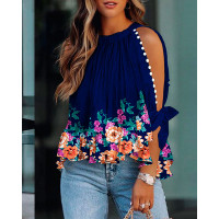 Floral Print Ruffle Hem Beaded Split Sleeve Top - purplish blue