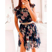 Floral Print Ruffle Hem Chiffon Dress - purplish blue