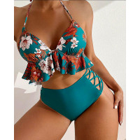 Floral Print Ruffle Hem Hollow Out Bikini Set - green