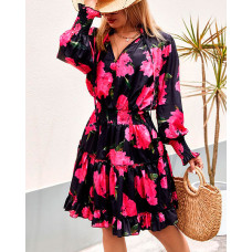 Floral Print Ruffle Hem Shirred Casual Dress - black