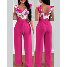 Floral Print Ruffle Hem Shirred Crop Top & High Waist Pants Set - rose red