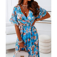 Floral Print Ruffle Hem Shirred Waist Wrap Dress - blue