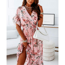 Floral Print Ruffle Hem Shirred Waist Wrap Dress - pink