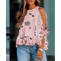 Floral Print Ruffle Hem Split Sleeve Top - pink