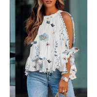 Floral Print Ruffle Hem Split Sleeve Top - white