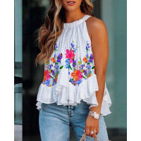 Floral Print Ruffle Hem Tank Top - white