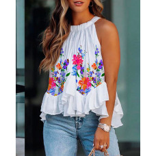 Floral Print Ruffle Hem Tank Top - white