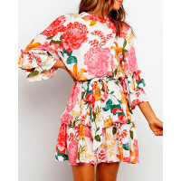 Floral Print Ruffles Casual Dress - pink