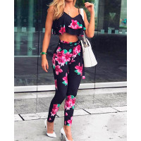 Floral Print Ruffles Spaghetti Strap Cropped Pants Set - Multicolor