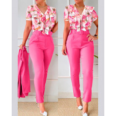 Floral Print Ruffles Top & High Waist Pants Set With Belt - pink