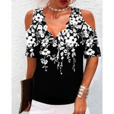 Floral Print Scallop Trim Cold Shoulder Top - black