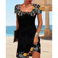 Floral Print Scallop Trim Square Neck Casual Dress - black