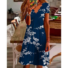 Floral Print Scallop Trim V-Neck Casual Dress - purplish blue