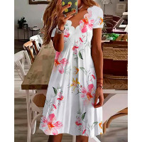 Floral Print Scallop Trim V-Neck Casual Dress - white