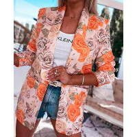 Floral Print Shawl Collar Long Sleeve Blazer - orange