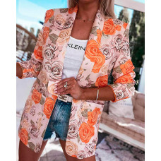 Floral Print Shawl Collar Long Sleeve Blazer - orange