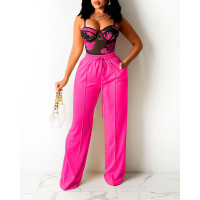 Floral Print Sheer Mesh Cami Top & Drawstring Pants Set - hot pink