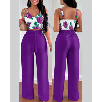 Floral Print Shirred Crop Top & High Waist Pants Set - purple