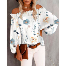 Floral Print Shirred Off Shoulder Top - white