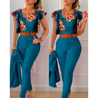 Floral Print Shirt & High Waist Pants Set - blue