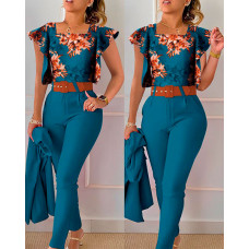 Floral Print Shirt & High Waist Pants Set - blue