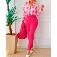 Floral Print Shirt & High Waist Pants Set With Belt - hot pink