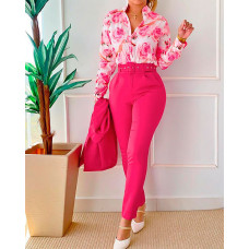 Floral Print Shirt & High Waist Pants Set With Belt - hot pink