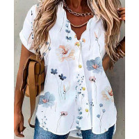 Floral Print Short Sleeve Buttoned Top - white