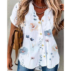 Floral Print Short Sleeve Buttoned Top - white