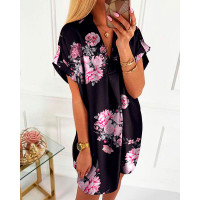 Floral Print Short Sleeve Casual Dress - black