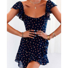 Floral Print Short Sleeve Casual Dress - purplish blue