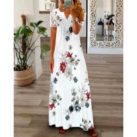 Floral Print Short Sleeve Lace Patch Maxi Dress - white