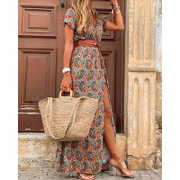 Floral Print Short Sleeve Loose Boho Dress - brown