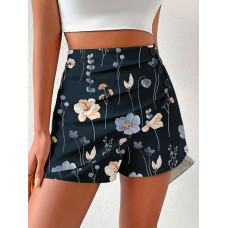 Floral Print Side Button Ruched Shorts - black